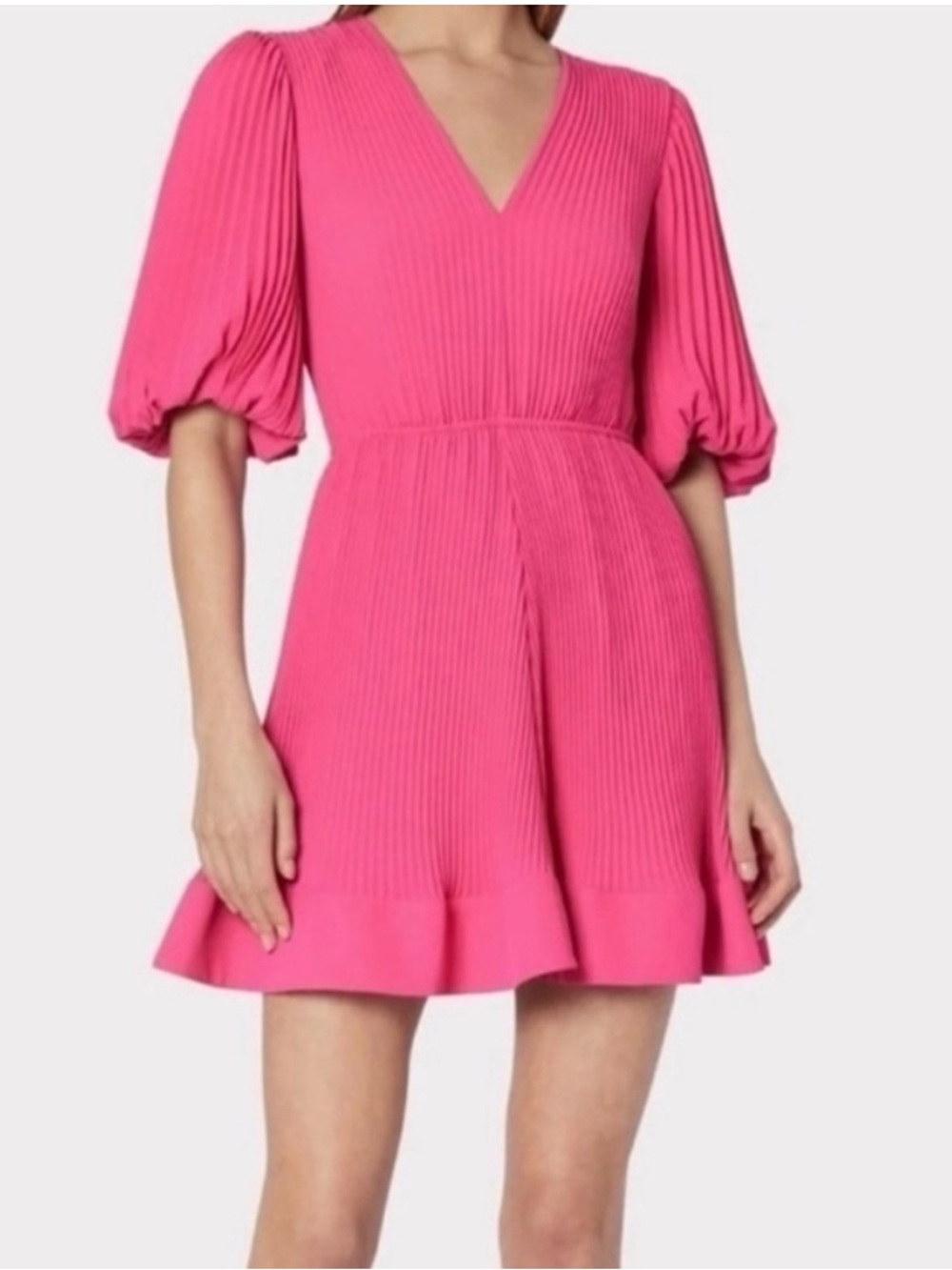 Milly Hot Pink Pleated V‑Neck Mini Dress